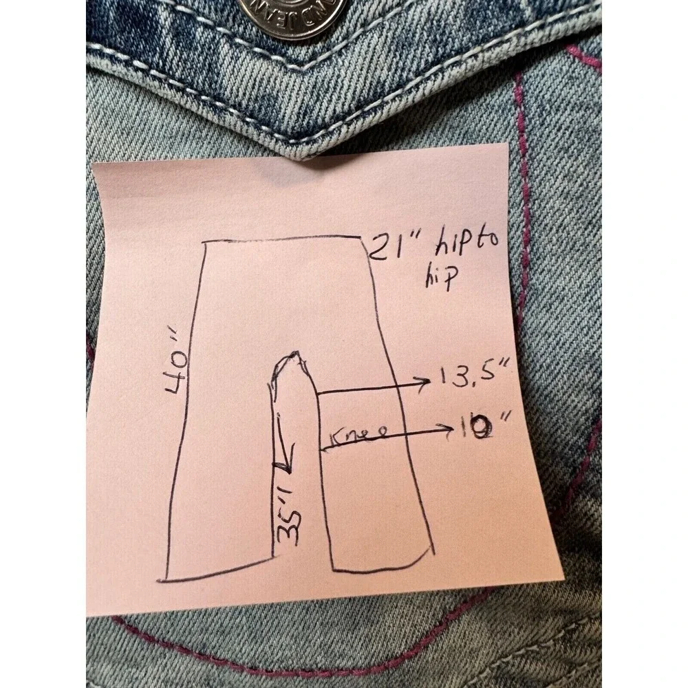 True Religion Ricky Relaxed Straight Jeans Mens 40x35 Blue Pink Stitch Distresed